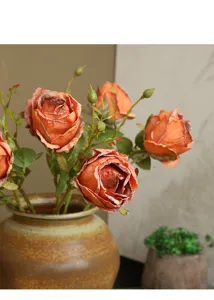 Vintage artificial burnt-edge rose flower arrangement home decor fine detail view