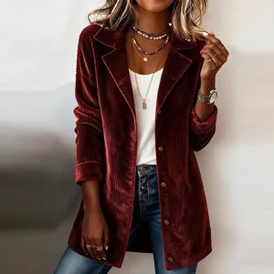 Veste de Blazer Élégante en Polyester Texture Velours Côtelé pour Femmes Style Britannique Mi-longue Col Tailleur Simple Boutonnage Top