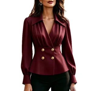 Detailed shot of elegant wine red long sleeve blouse with V-neck and double breasted buttons.