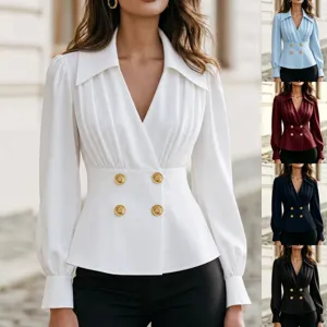 Elegant V-neck long sleeve blouse with double-breasted gold buttons and pleated waist design.