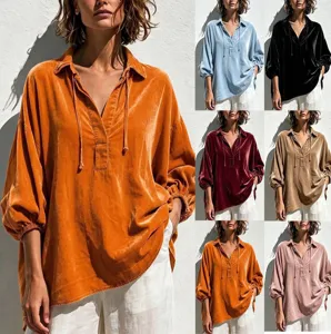 Women's Velvet V-Neck Drawstring Lantern Sleeve Blouse Casual Loose Pullover Top