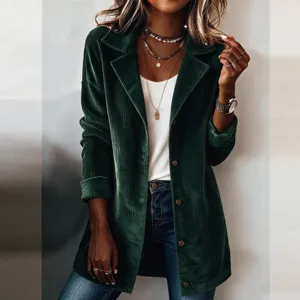 Femme veste blazer en velours côtelé vert casual manches longues revers élégante
