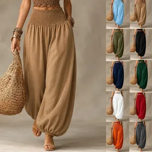 Pantalon sarouel décontracté en coton et lin taille haute smocké pour femmes, pantalon uni ample.