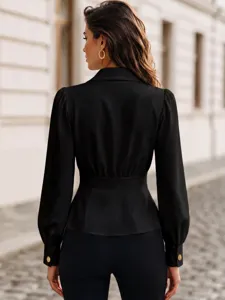 Back view detail of elegant black long sleeve blouse with cinched waist and gold buttons.