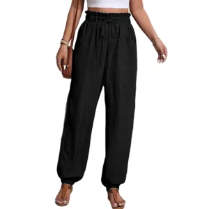 Femme casual taille haute cordon serrage unie pantalon jogger style streetwear chic mode