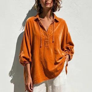 Women's V Neck Gold Velvet Blouse Lantern Sleeve Drawstring Loose Pullover Shirt Plus Size Autumn Winter Top