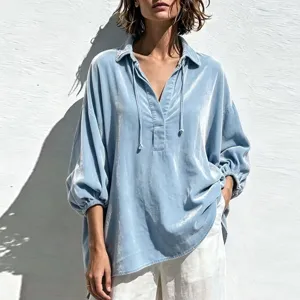 Light blue velvet V-neck long sleeve blouse with drawstrings for women casual stylish wear.