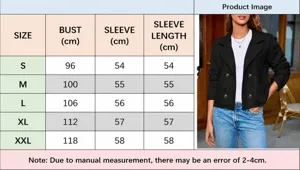 Women vintage lapel button long sleeve faux suede blazer jacket with standard size chart guide.