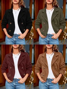 Women casual retro lapel double breasted long sleeve faux suede blazer jacket detail variant