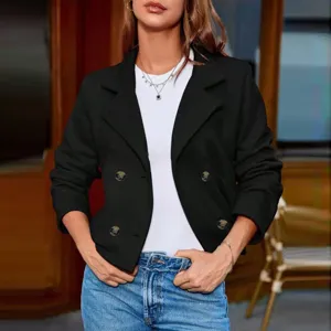 Detailed view of the stylish black blazer featuring classic lapels and double-breasted buttons.