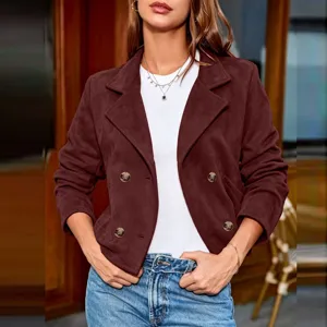 Women's retro brown suede double-breasted blazer jacket with lapel and long sleeves for autumn.
