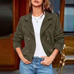 Olive green faux suede blazer jacket for women, vintage lapel double-breasted long sleeve top.