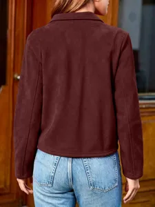 Back view detail of the women's retro lapel long-sleeve faux suede jacket in burgundy.