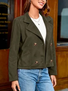 Women vintage suede lapel double-breasted long sleeve casual blazer jacket coat outfit