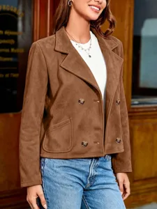Retro women lapel button long sleeve suede blazer jacket casual outerwear detail view