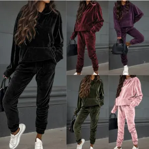 Damen Samt Jogginganzug Zweiteiler Langarm Kapuzensweatshirt und Hose Freizeit Outfit