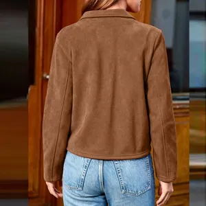 Women vintage brown suede jacket long sleeve lapel coat casual outerwear for autumn winter