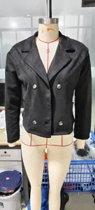 Detailed close-up view of women black faux suede lapel double breasted blazer jacket.