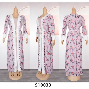 Detailed view of the plus size floral cardigan and dress set, elegant beachwear and cover up.