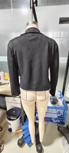 Detailed back view of a black faux suede lapel blazer jacket, showing tailoring and fit.