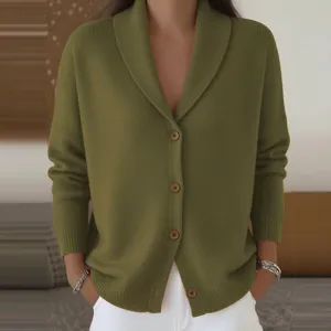 Detail view of the olive green knit cardigan featuring a cozy shawl collar and button closure.