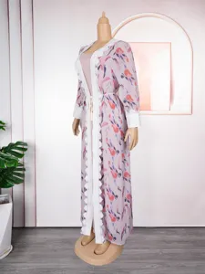 Plus size women cardigan dress set long sleeve floral printed beach cover up two pieces.