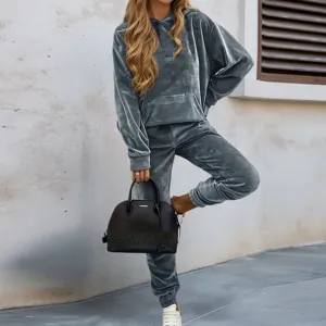 Damen Samt Trainingsanzug Set Freizeit Langarm Kapuzenpullover und Hose Herbst Winter Mode