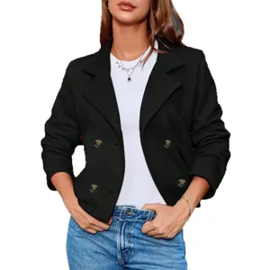 Womens cropped faux suede blazer jacket retro long sleeve lapel button autumn outerwear