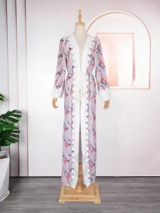 Long sleeve floral print sheer kimono beach cover up elegant open front cardigan for women.