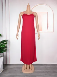 Red slip dress detail view, elegant long spaghetti strap dress for women daily wear.