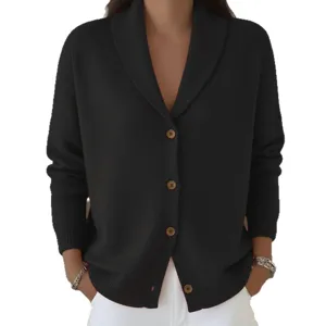 Women's loose knit cardigan sweater, casual long sleeve lapel button-down outerwear for autumn.