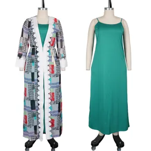 Plus size women two piece set printed cardigan and slip dress beach resort wear outfits