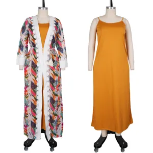 Plus size women two-piece set detail, tropical print kimono cardigan with yellow slip dress.