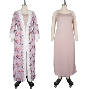 Plus size women floral long cardigan and slip dress two-piece set beach vacation wear.