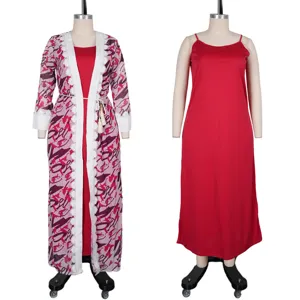 Plus size floral print cardigan set with red slip dress, detailed view of elegant beach outfit.