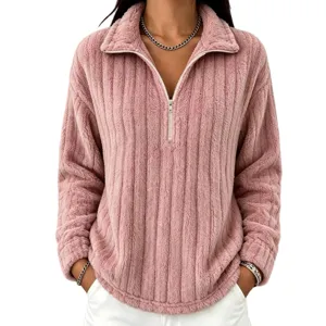 Felpa pelosa rosa con mezza zip da donna, top a maniche lunghe testurizzato e comodo.