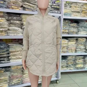 Dames beige opstaande kraag rits gewatteerd vest met lange mouw casual winterjas