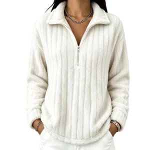 Felpa soffice bianca con zip corta pullover felpato a maniche lunghe da donna