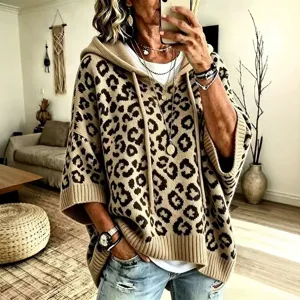 Women's Oversized Leopard Print Knitted Hoodie Casual Drawstring Loose Pullover Long Sleeve Sweater Streetwear Comfort Jumper Top