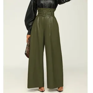 Olive green PU leather wide leg pants detail, high waist design with belt and side zipper.