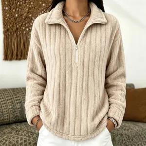 Felpa da Donna in Pile a Costine con 1/4 di Cerniera Elegante Collo Alto Manica Lunga Peluche Pullover Tinta Unita Invernale Calda Comoda Giuntato