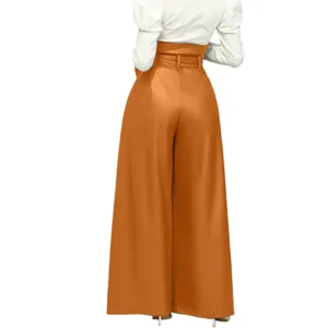 Stylish women's high waist PU leather wide leg trousers elegant autumn commute casual pants.