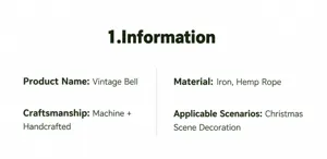 Product specification details for vintage iron Christmas bell hanging decoration item.