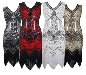 Detailed view of 1920s vintage sequin beaded fringe flapper dress, elegant V-neck design.