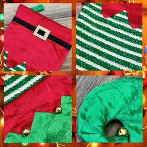 Vue détaillée de chaussette de lutin de Noël en velours avec clochettes dorées festives
