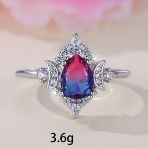 Eleganter Farbverlauf Tropfen Kristall Ring mit Mond Krone Design in Silber Optik 3.6g.