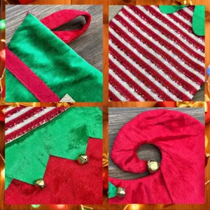 Detail chaussette lutin de Noel gros plan, velours rouge vert, clochettes dorees, deco fete