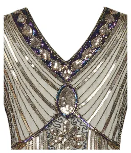 1920s vintage style sequin beaded V-neck dress detail, elegant Art Deco embroidery close up
