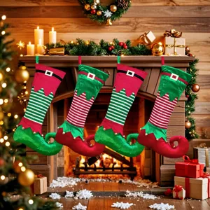 Chaussette de Noël Elfe Ornement Suspendu Velours Rayé Sac Cadeau Elfe Avec Clochettes Boucle de Ceinture pour Sapin de Noël Cheminée Fête