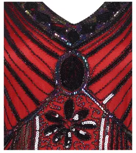 Detailed view of 1920s vintage sequin beaded red dress with black floral embroidery.